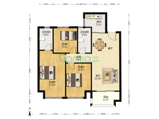 保利海德公园肆号院 3室1厅2卫 115平方