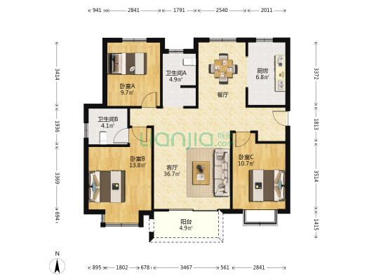 天禧 3室1厅2卫 127平方