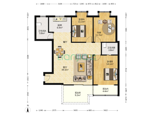 近江家园三园 3室1厅2卫 122平方