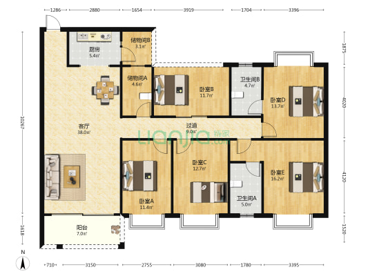 文苑小区 5室1厅2卫 165平方