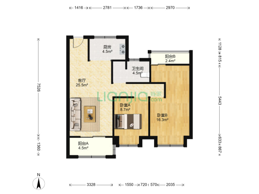公园天著 2室1厅1卫 95平方