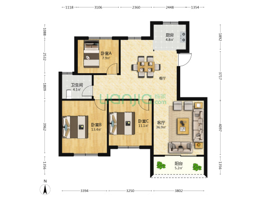 龙吟未来社区北区 3室1厅1卫 109平方