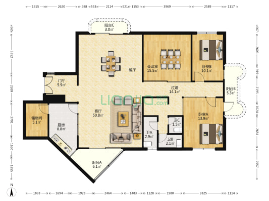 大众金融大厦 3室1厅3卫 198平方