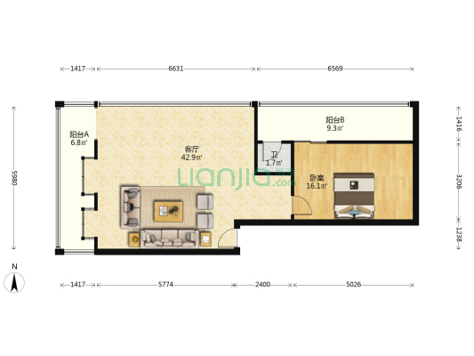 明霞大道中47号 1室1厅1卫 64平方
