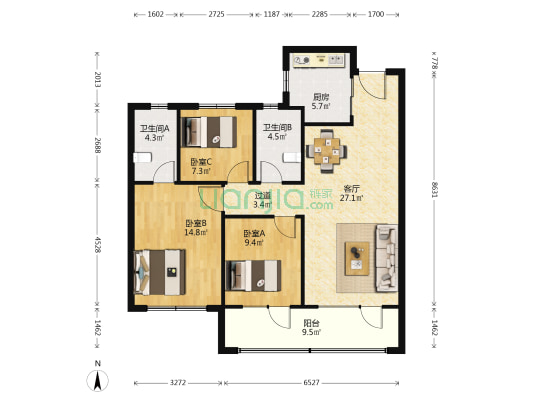 海信香江睿园 3室1厅2卫 114平方