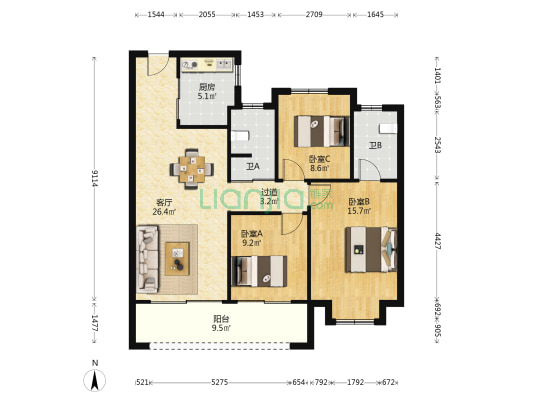 时光映花园 3室1厅2卫 116平方
