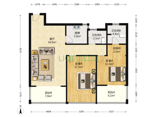 富源公馆 2室1厅2卫 106平方