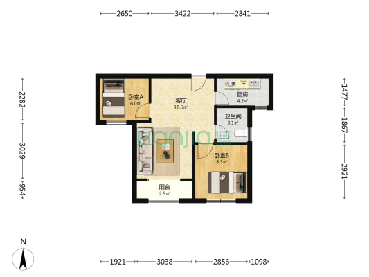 秦和园 2室1厅1卫 68平方