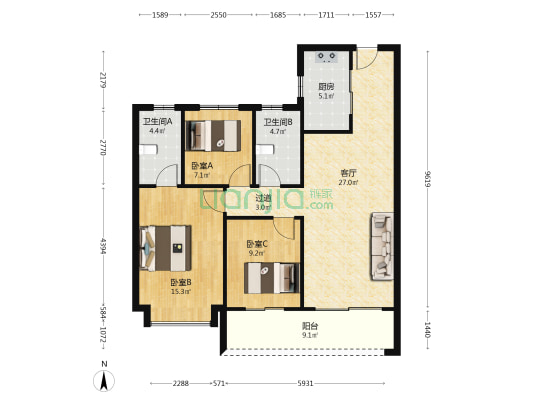 融创武汉1890 3室1厅2卫 117平方