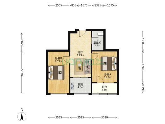 伟业城市绿洲 2室1厅1卫 61平方