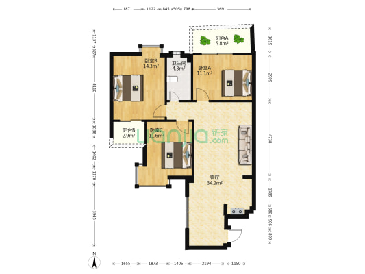 盛达景都二期 3室1厅1卫 95平方