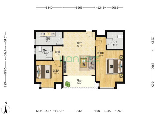 海天逸舍 2室1厅2卫 87平方