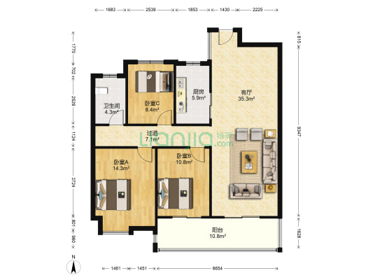世茂君望墅 3室1厅1卫 111平方