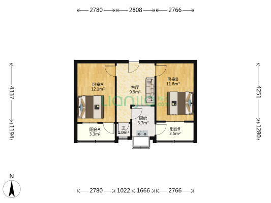 运粮街 2室1厅1卫 53平方