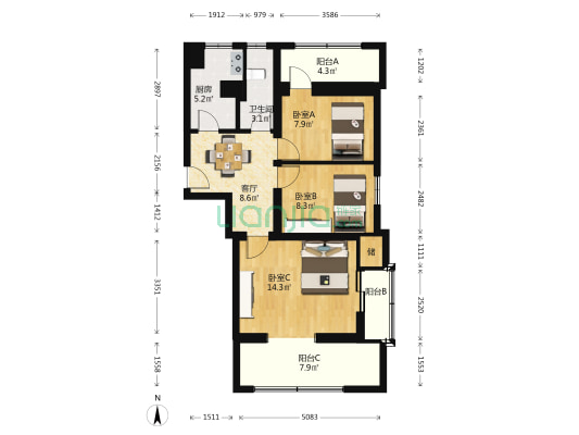 百万庄17号院 3室1厅1卫 60平方