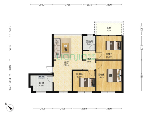 三官桥街53号小区 3室1厅1卫 86平方