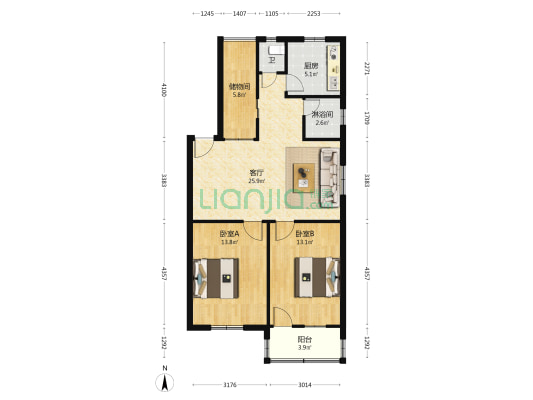 阳光花园 2室1厅2卫 83平方