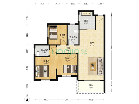 吉星家园 3室1厅2卫 107平方