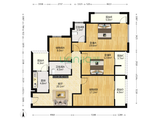 中德英伦世邦J区 2室1厅2卫 166平方