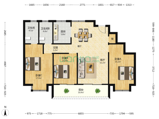润皋灏园西区 3室1厅2卫 139平方