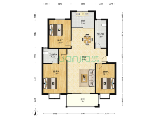 金海康城 3室1厅2卫 133平方