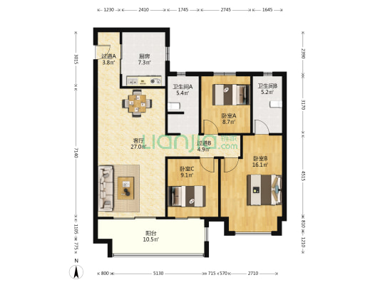 亚新美好书苑 3室1厅2卫 130平方