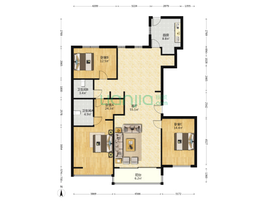 华鑫国际花园 3室1厅2卫 176平方