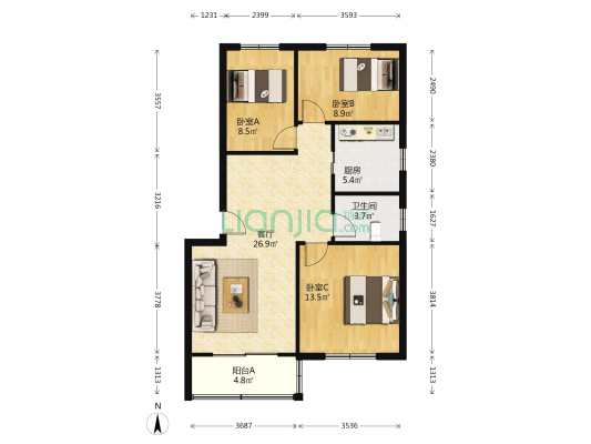崧泽公寓 3室1厅1卫 91平方