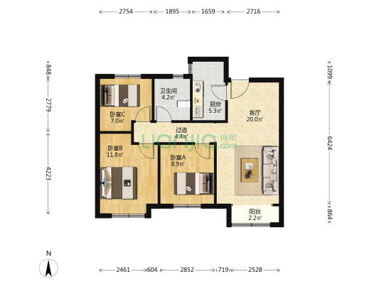距离北京1900米  鸿坤理想尔湾 南北通透三居出售-户型图