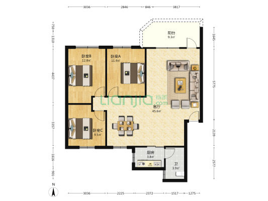 荣浩花园 3室1厅1卫 117平方