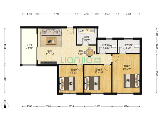 香江水岸新城 3室2厅2卫 102平方