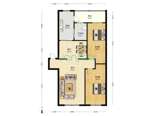 宝山街坊小区 2室2厅1卫 128平方