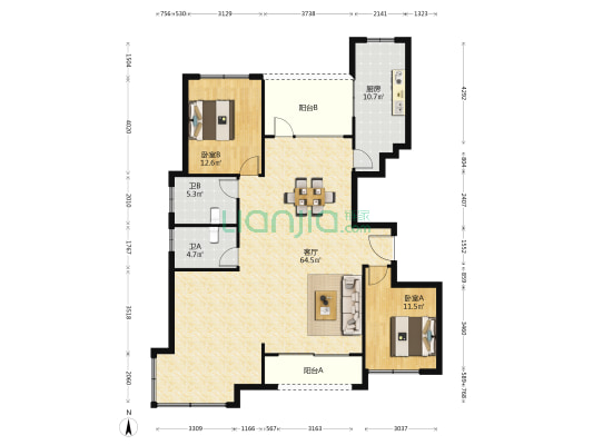 新东方缇香世家 2室1厅2卫 143平方