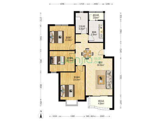 野奴泾小区 3室1厅1卫 101平方