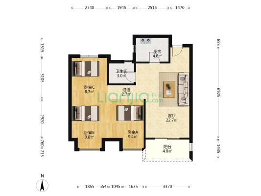 中粮祥云地铁小镇 3室1厅1卫 86平方