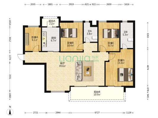 岭南天地璟廷二区 4室1厅2卫 129平方