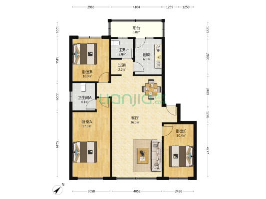滨河新天地 3室1厅2卫 107平方