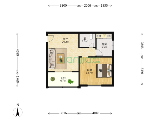 许强花园 1室1厅1卫 66平方