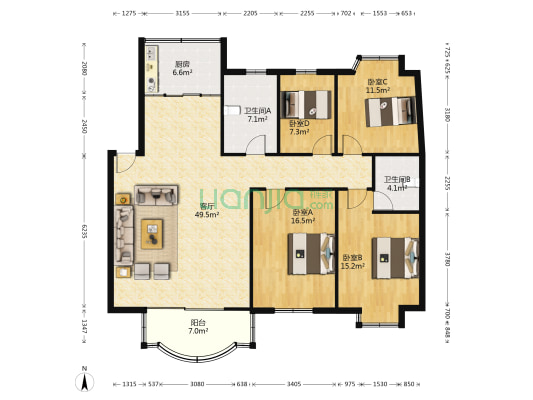 横街西园南区 4室1厅2卫 153平方