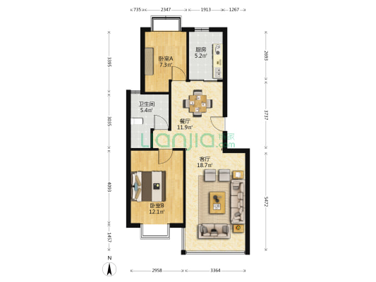 傅家 2室2厅1卫 77平方