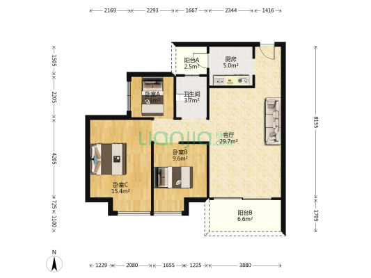 荣佳国韵二期 3室1厅1卫 88平方