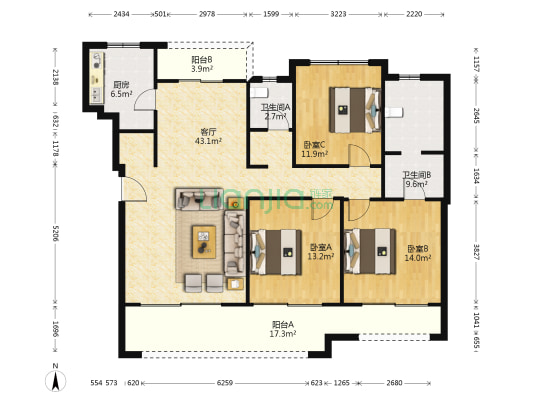 合能枫丹铂麓二期 3室1厅2卫 139平方