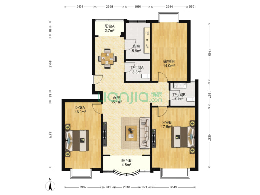 欣景苑 2室1厅2卫 148平方