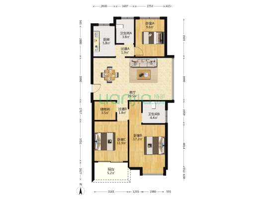 麓颂苑 3室1厅2卫 126平方
