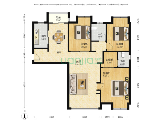 王家湾中央生活区一期 3室1厅2卫 123平方