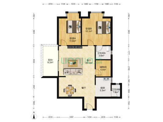 金口岸大厦 2室1厅2卫 110平方