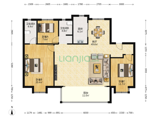 保利和光一期西区 3室1厅2卫 139平方