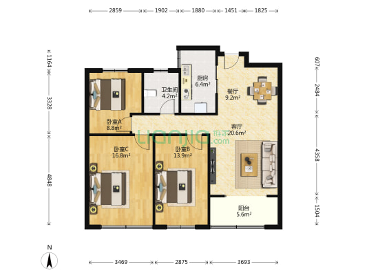 创业火炬花园 3室2厅1卫 115平方