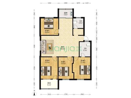 万春一三区 4室1厅2卫 118平方