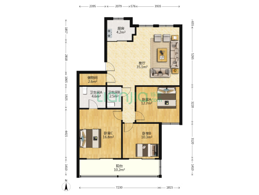 康华大厦 3室1厅2卫 117平方
